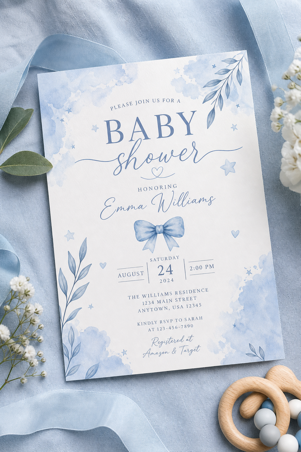 Modelo de convite azul para chá de bebê