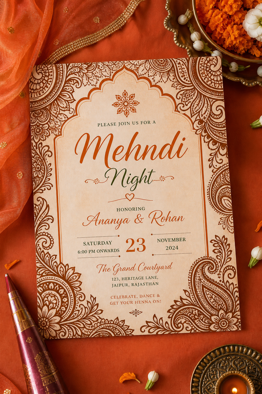 Modelo de convite para noite de Mehndi