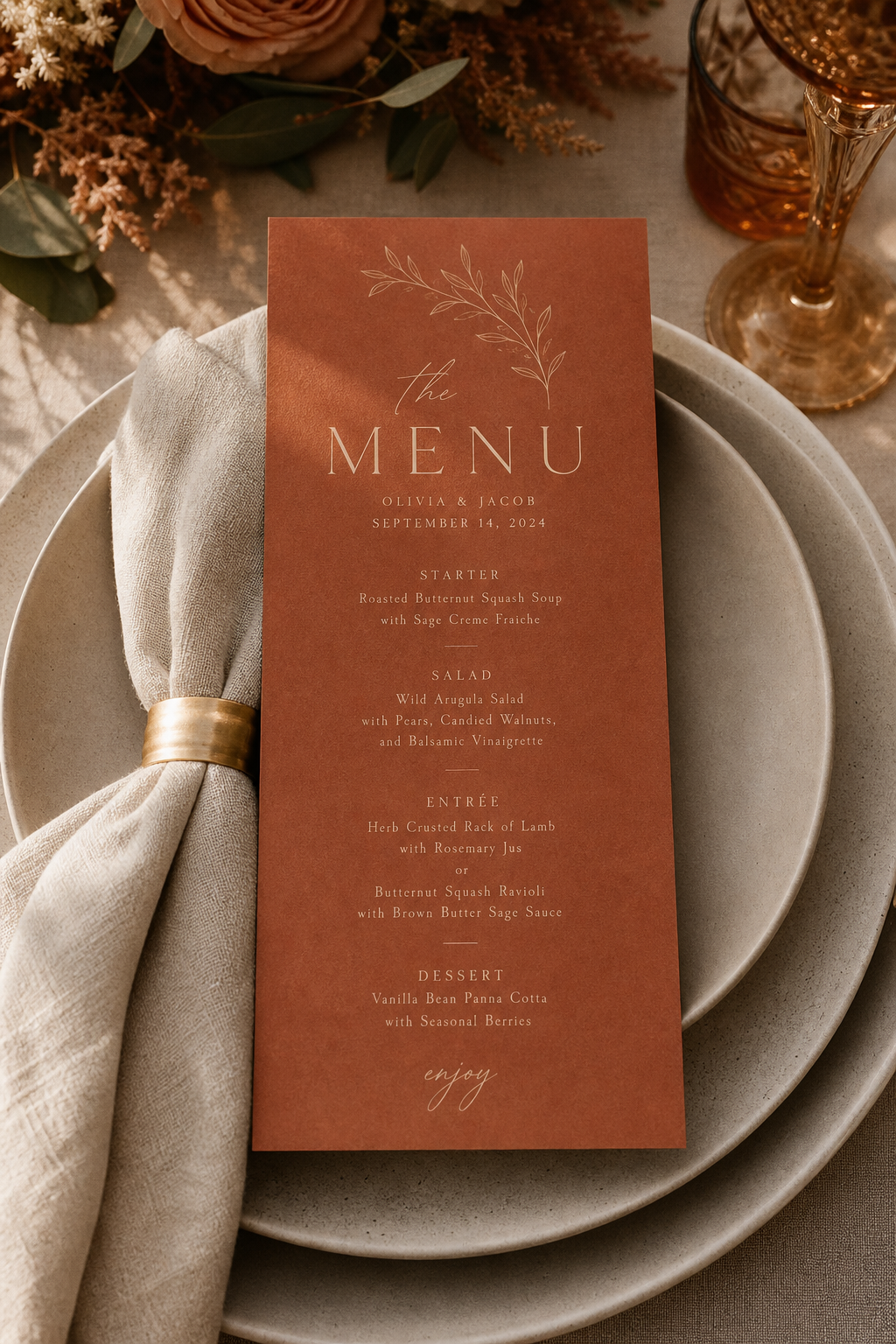 Cartão de menu de casamento em tom terracota